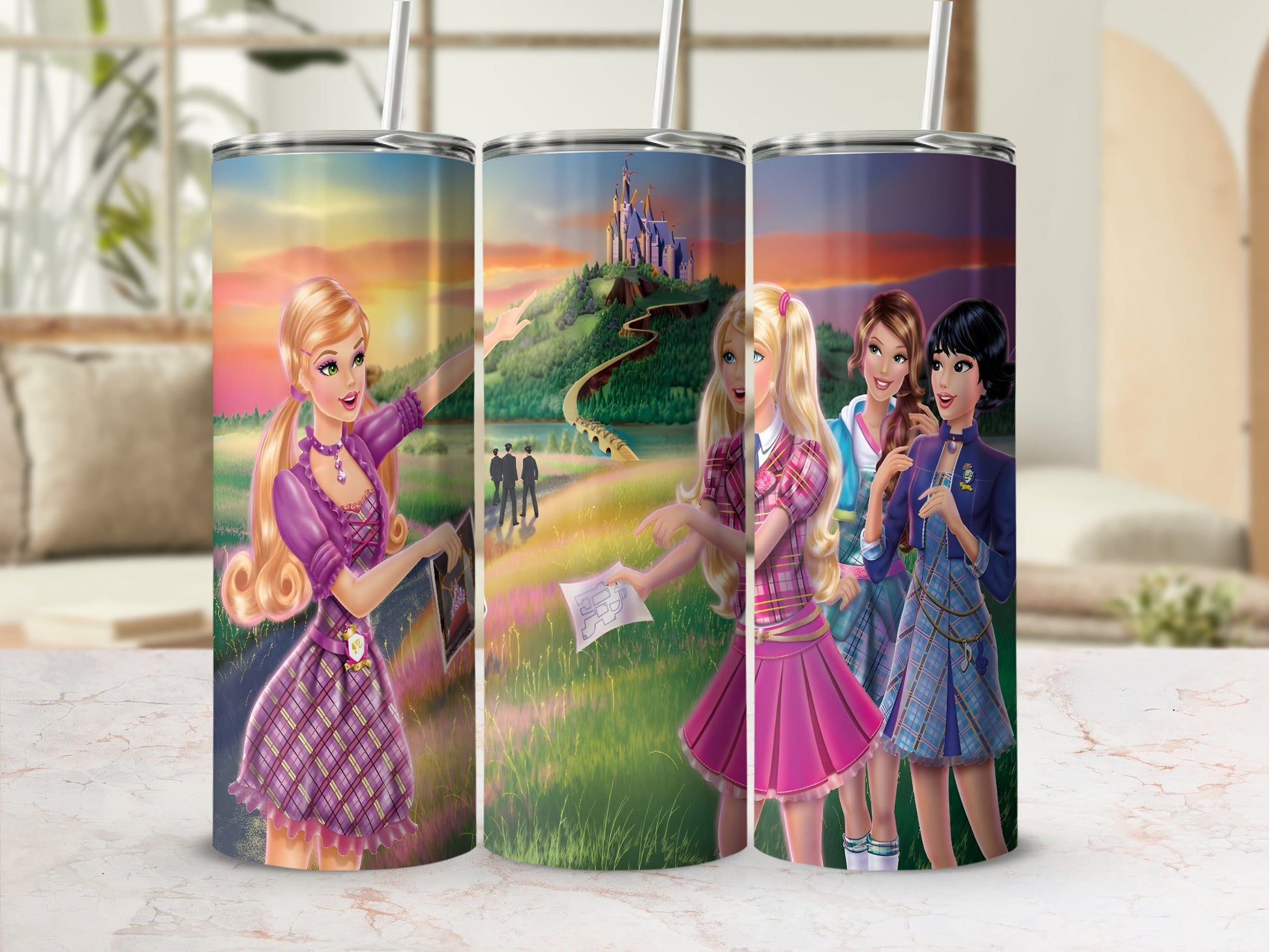 Three Barbie characters in pink dresses and plaid skirts outdoors.