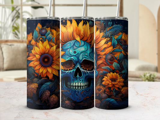 Blue skull with sunflowers on a dark background, on a tumbler.