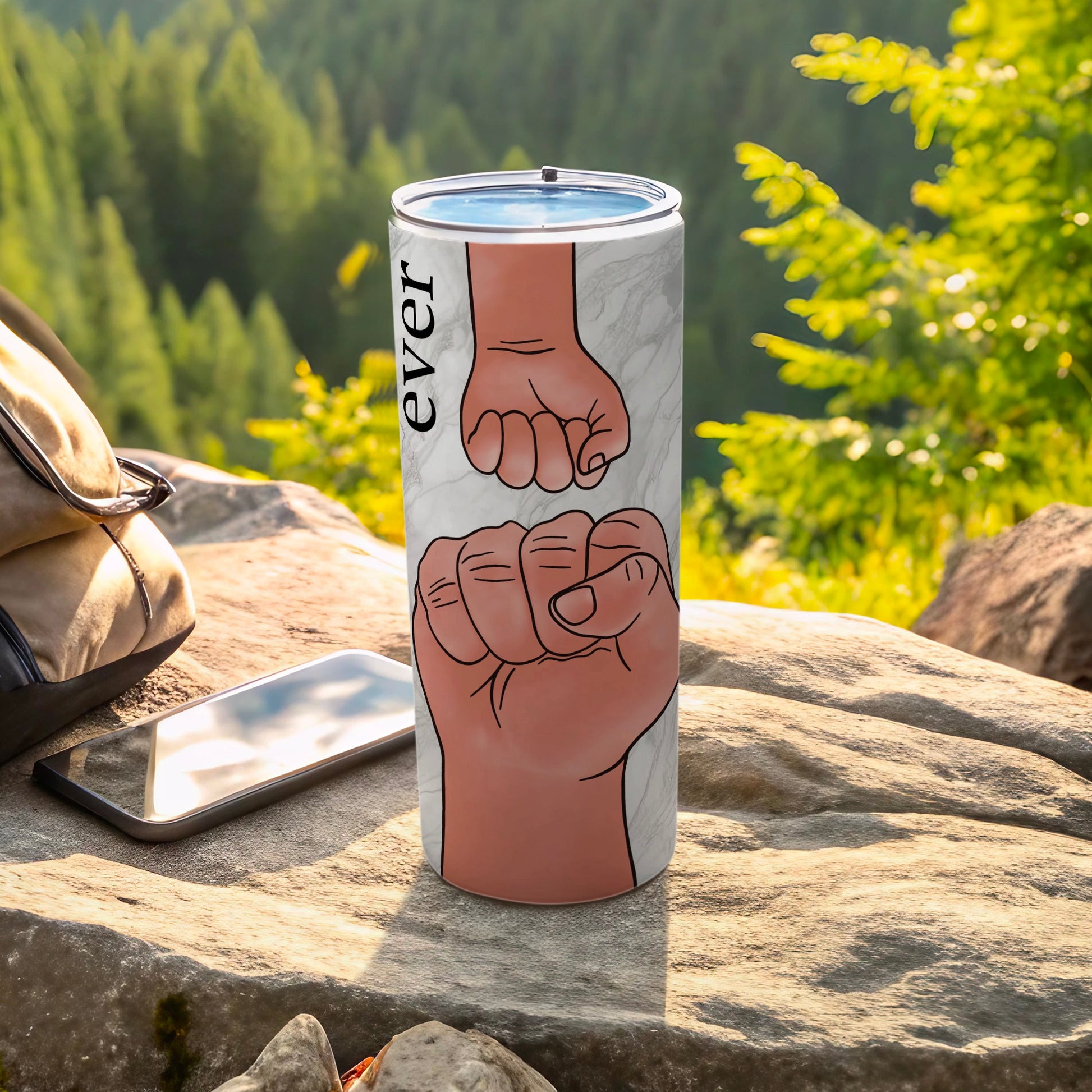 Tumbler with mother and child fist bump design and "ever" text.