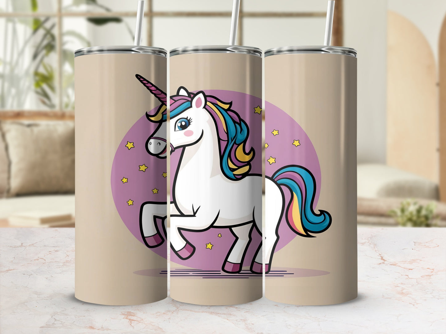 Three beige tumblers featuring a cartoon unicorn with a rainbow mane and tail.