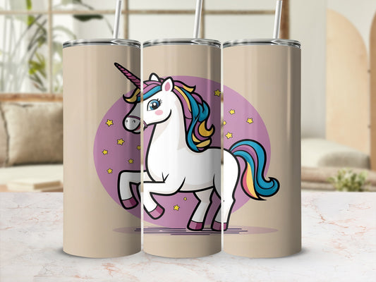 Three beige tumblers featuring a cartoon unicorn with a rainbow mane and tail.
