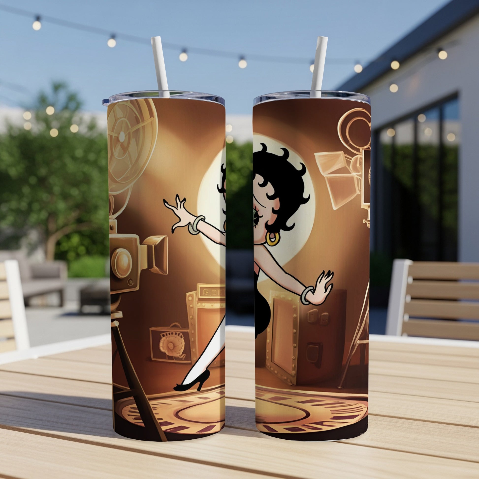 Betty Boop with movie projector backdrop on a tumbler.
