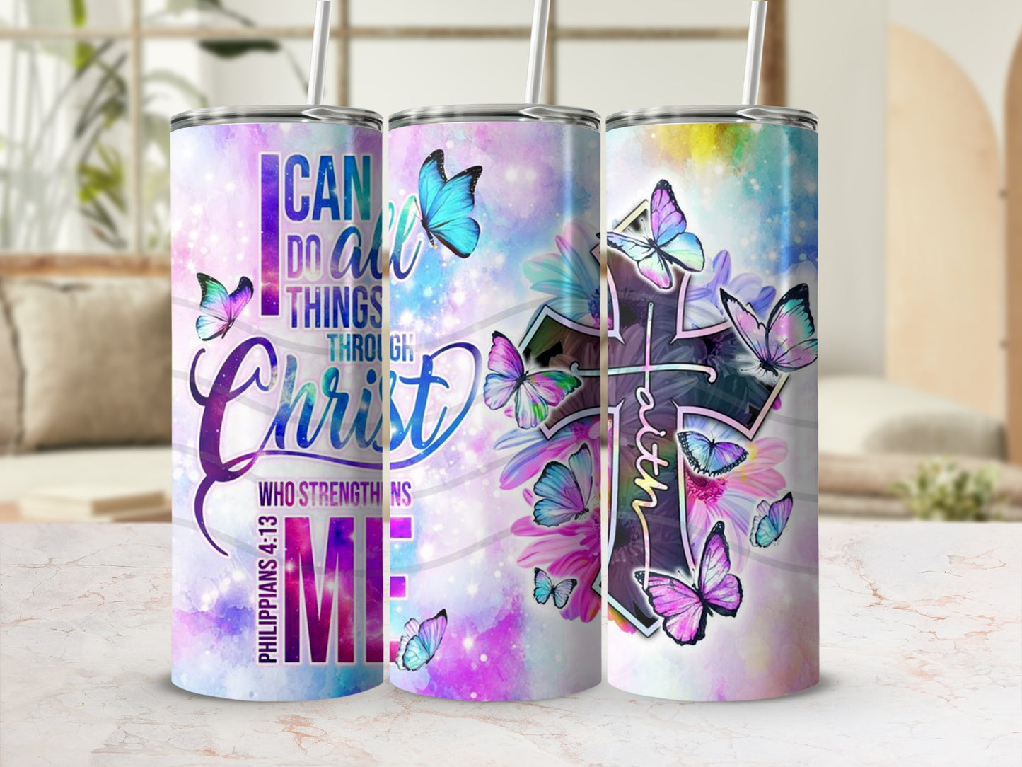 Philippians 4:13 Faith and Butterfly Design Tumbler