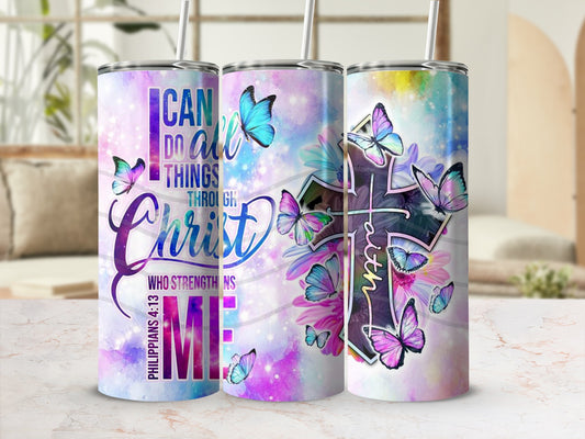 Philippians 4:13 Faith and Butterfly Design Tumbler