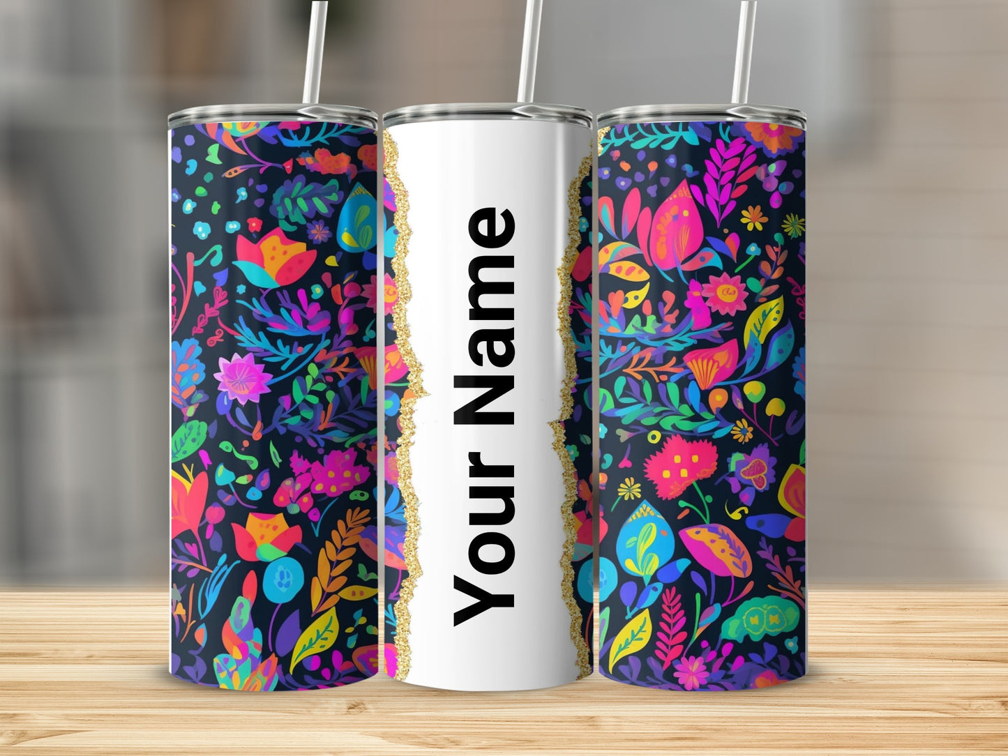 Personalized Colorful Floral Pattern Tumbler Cup
