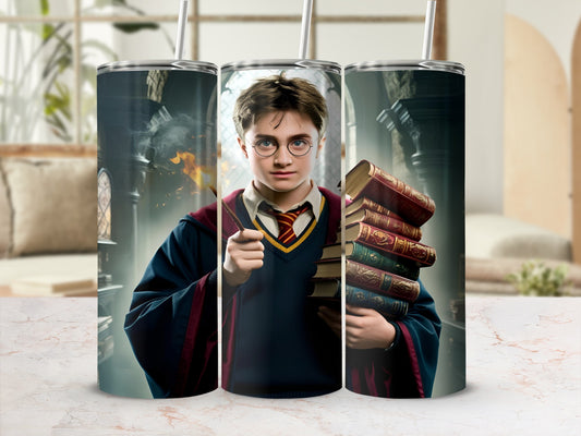 Harry Potter in Hogwarts uniform holding books and wand.