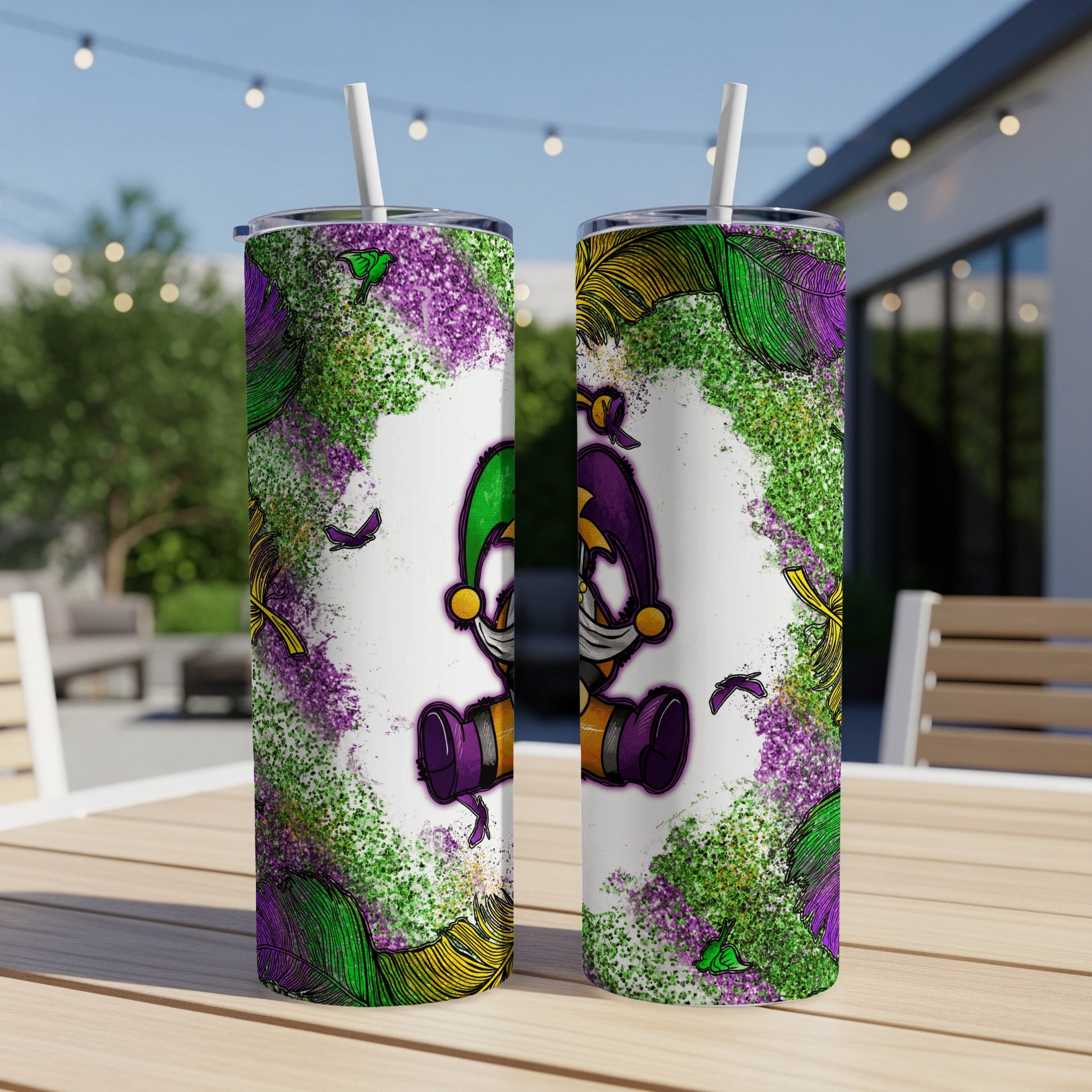 Mardi Gras tumbler with a jester character and purple and green feathers.