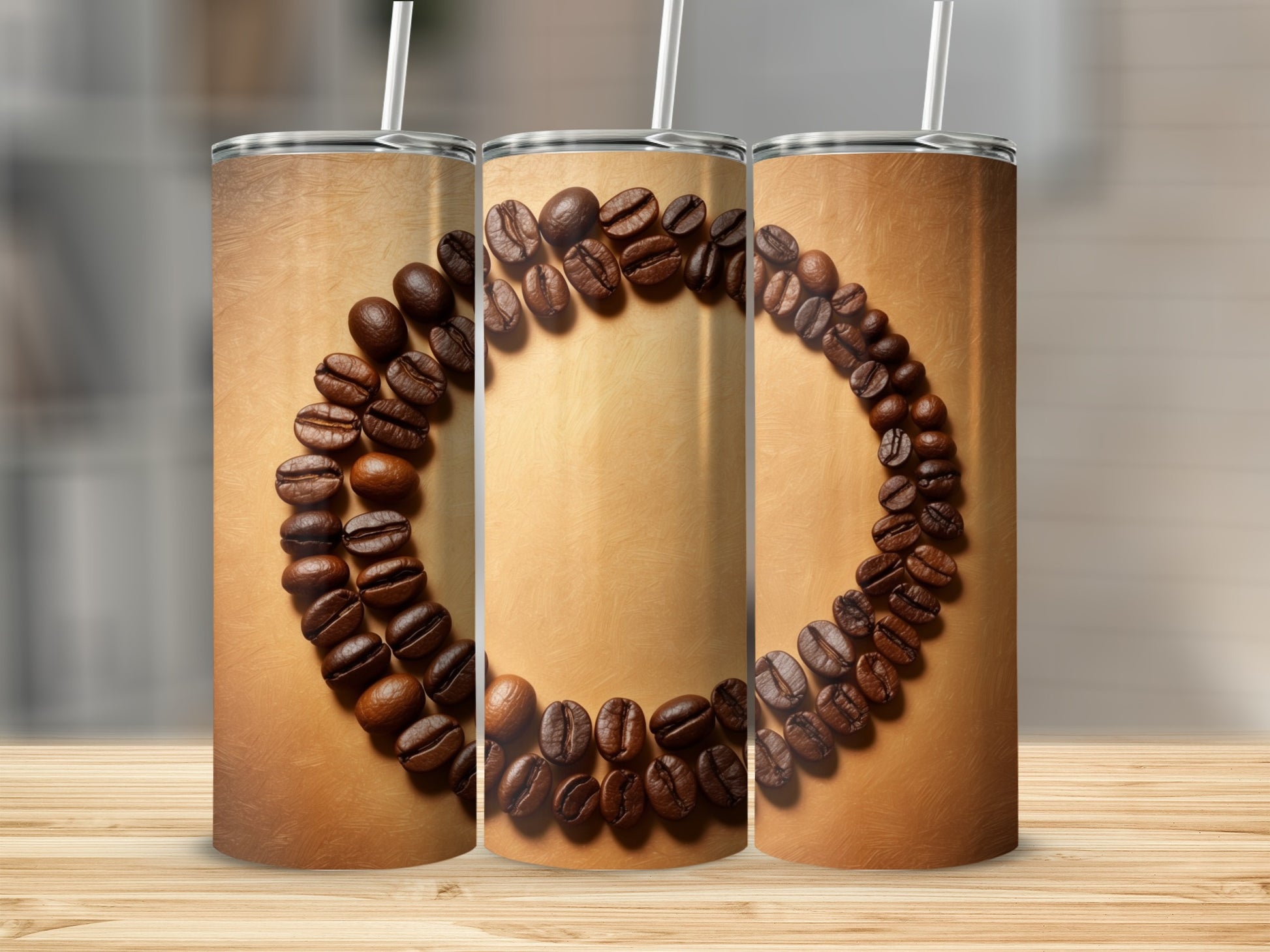Three tumblers with coffee beans arranged in a circle on a textured background.