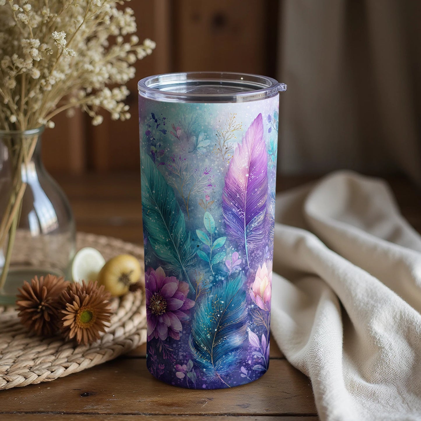 Vibrant Floral Feather Patterned Tumbler with Lid
