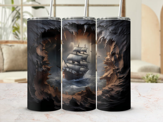 Tall tumbler with a stormy sea and sailing ship illustration.