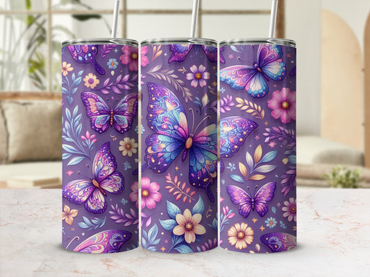 Purple butterfly flower vibrant design tumbler product type