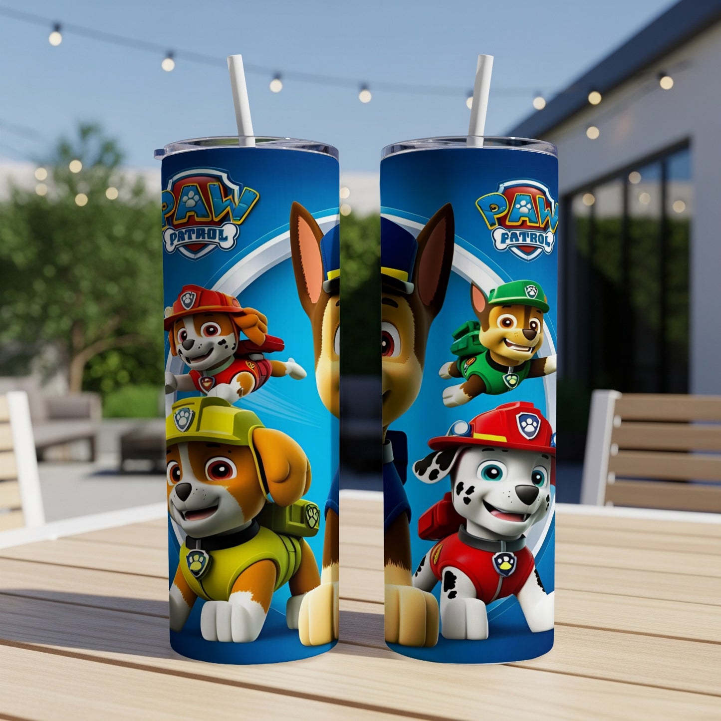 Two Paw Patrol tumblers featuring characters Ryder, Chase, Marshall, and Rubble.