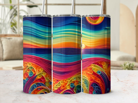Three colorful abstract landscape tumblers with straw.