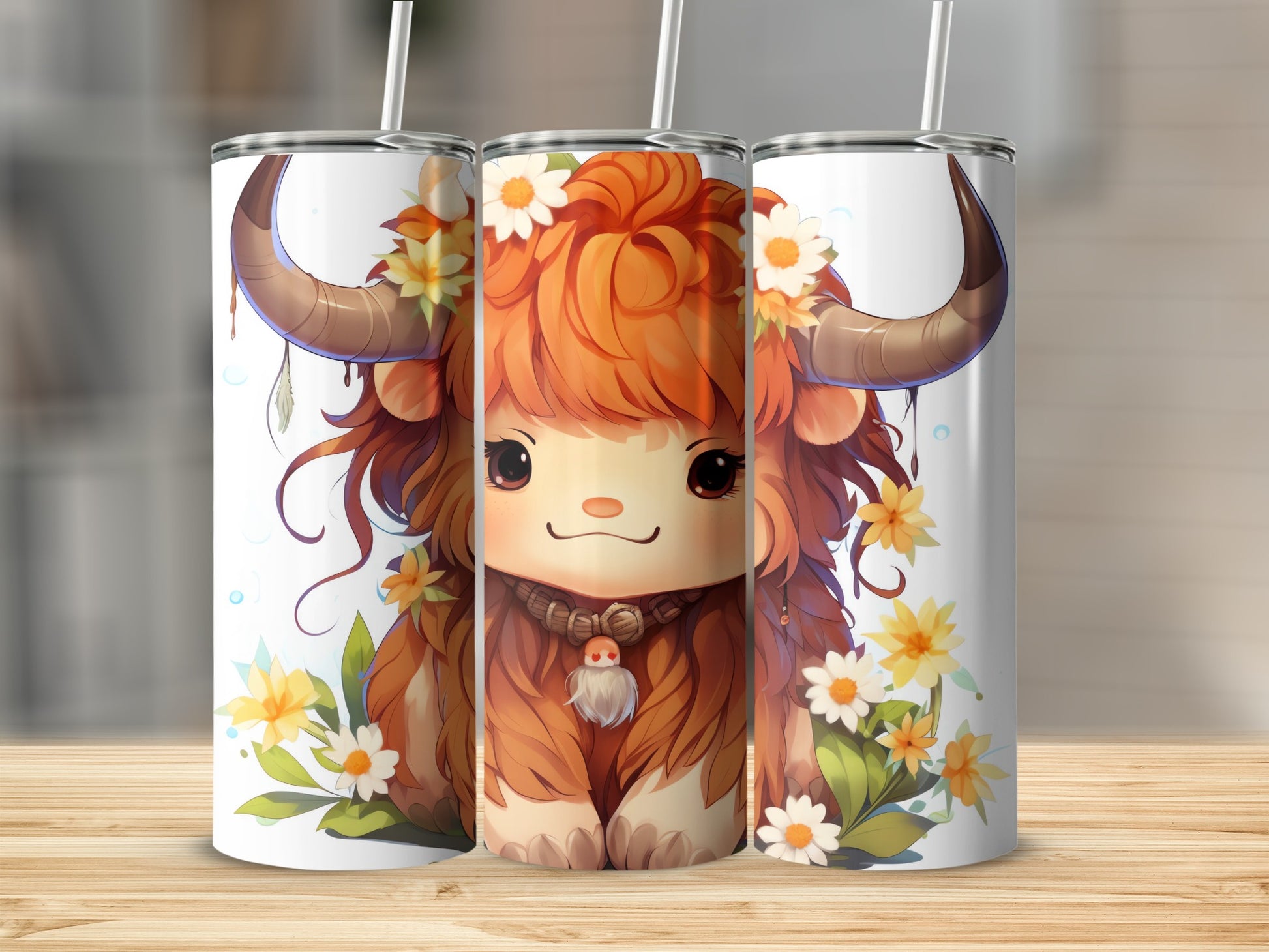 Cute Fluffy Horned Creature Floral Design Tumbler product type
