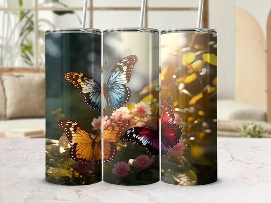 Three tumblers featuring detailed butterfly designs against a floral background.