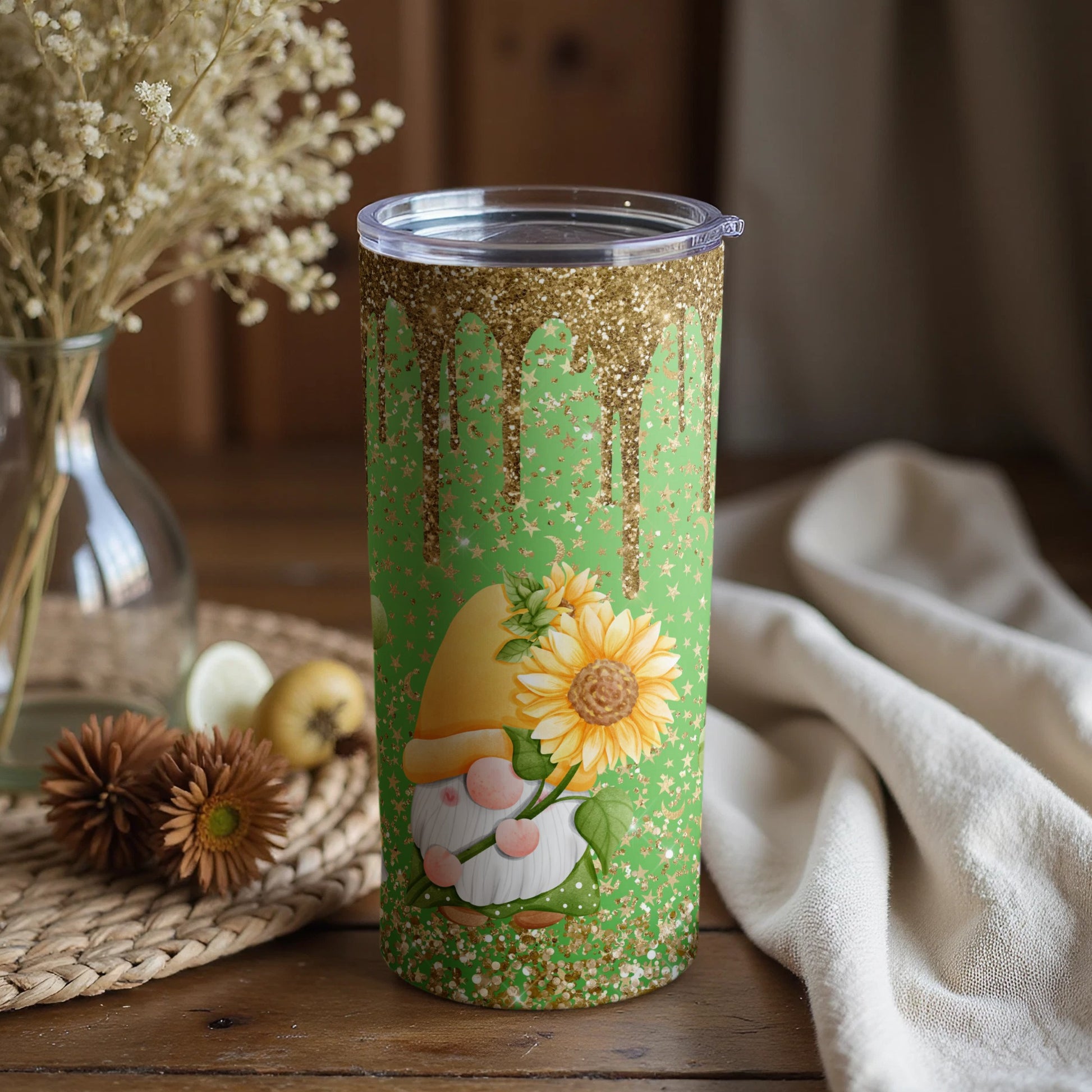 Cute Glittery Gnome with Sunflower Design Tumbler