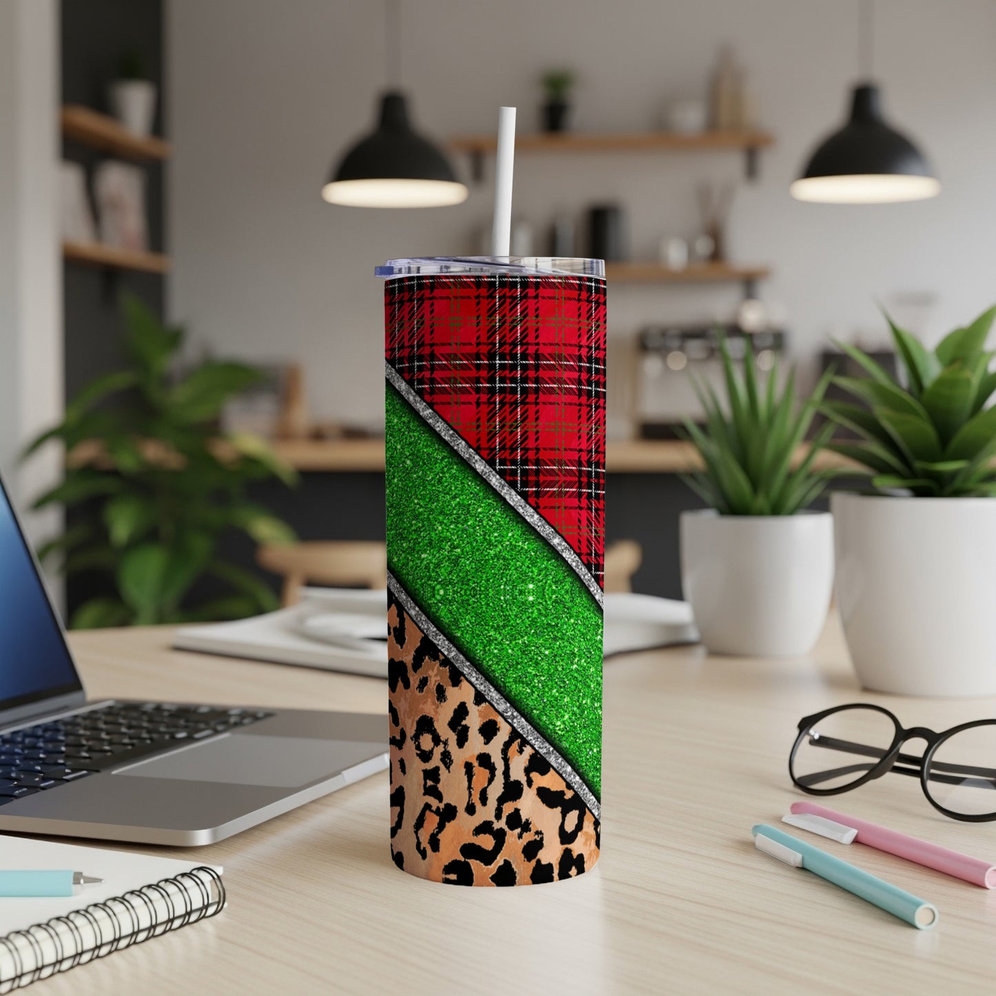 Red plaid and green glitter tumbler with leopard print stripe.