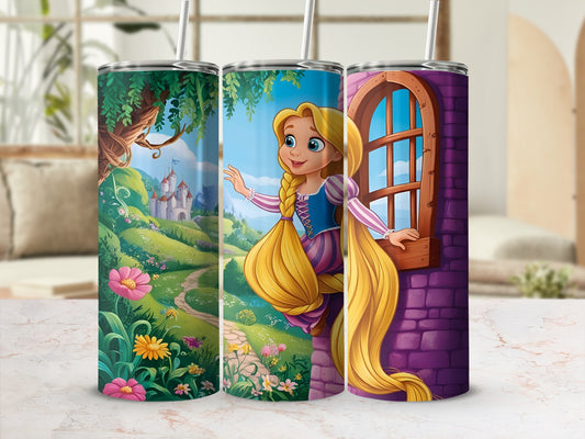 Rapunzel in a castle garden with flowing blonde hair, standing by a window.