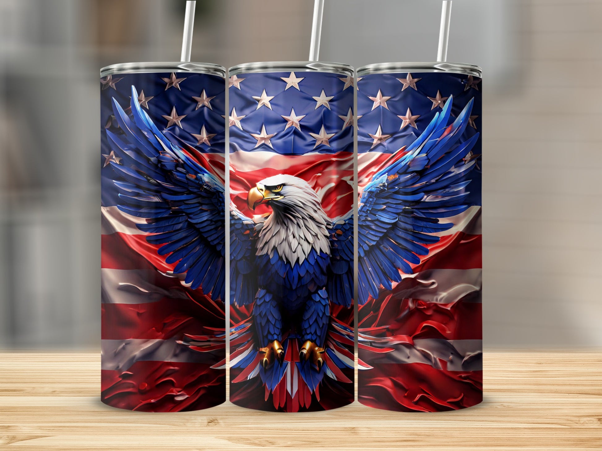 Three tumblers with an eagle on an American flag background.