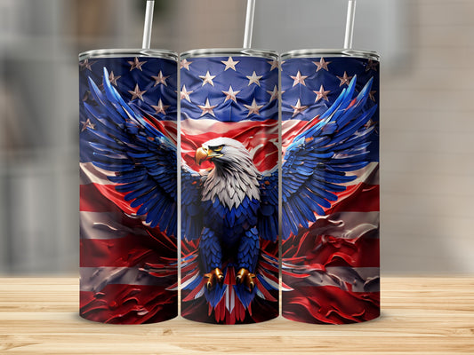 Three tumblers with an eagle on an American flag background.