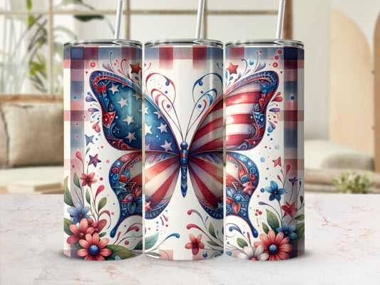 Patriotic butterfly tumbler with floral accents on a light background.