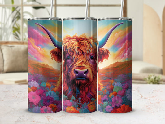Highland cow portrait in vibrant floral landscape, colorful sky.