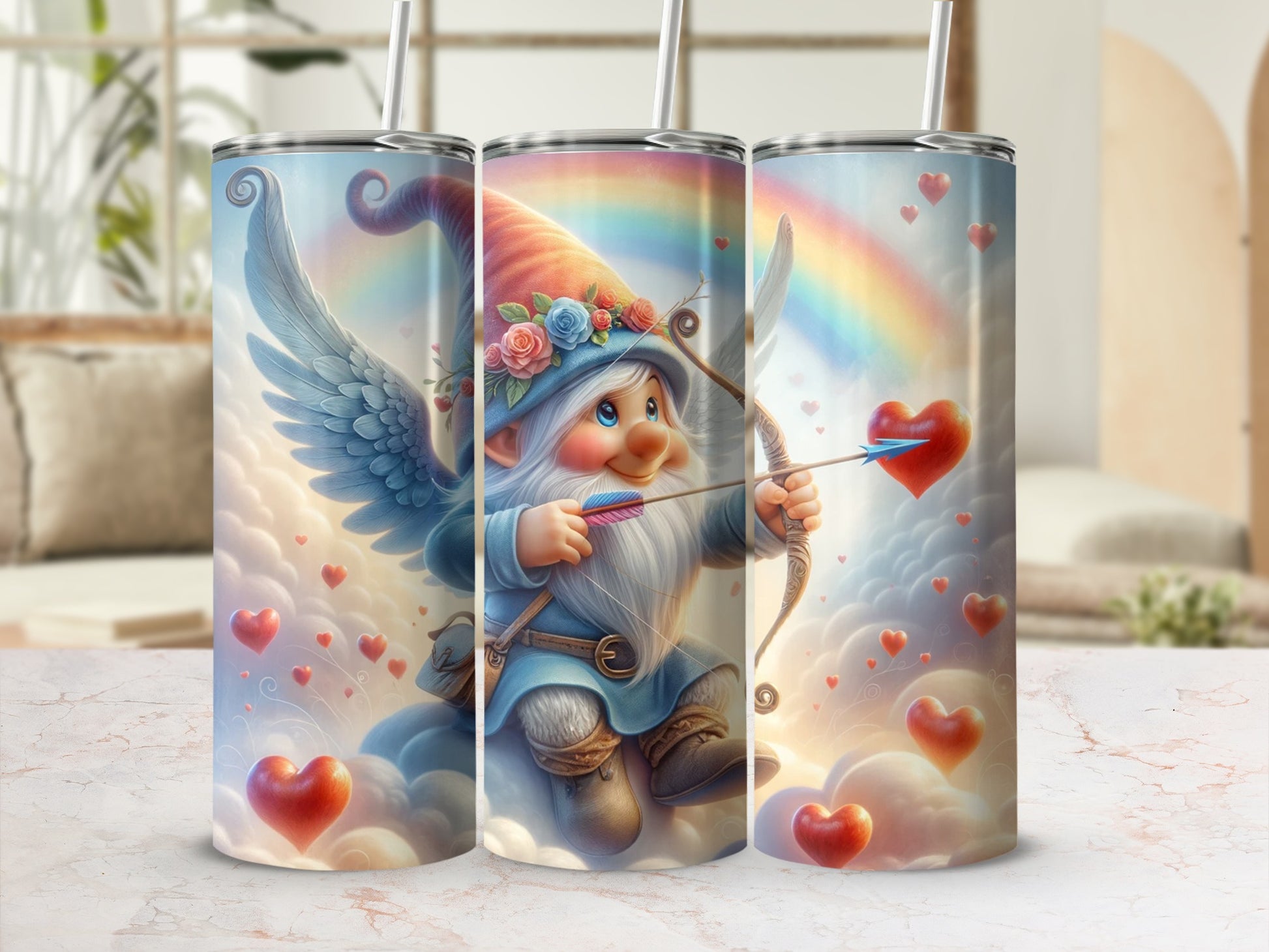 Cute Cupid Gnome With Rainbow Hearts Tumbler