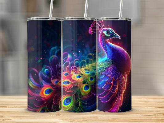Vibrant neon peacock with colorful, fanned tail feathers on a dark background.
