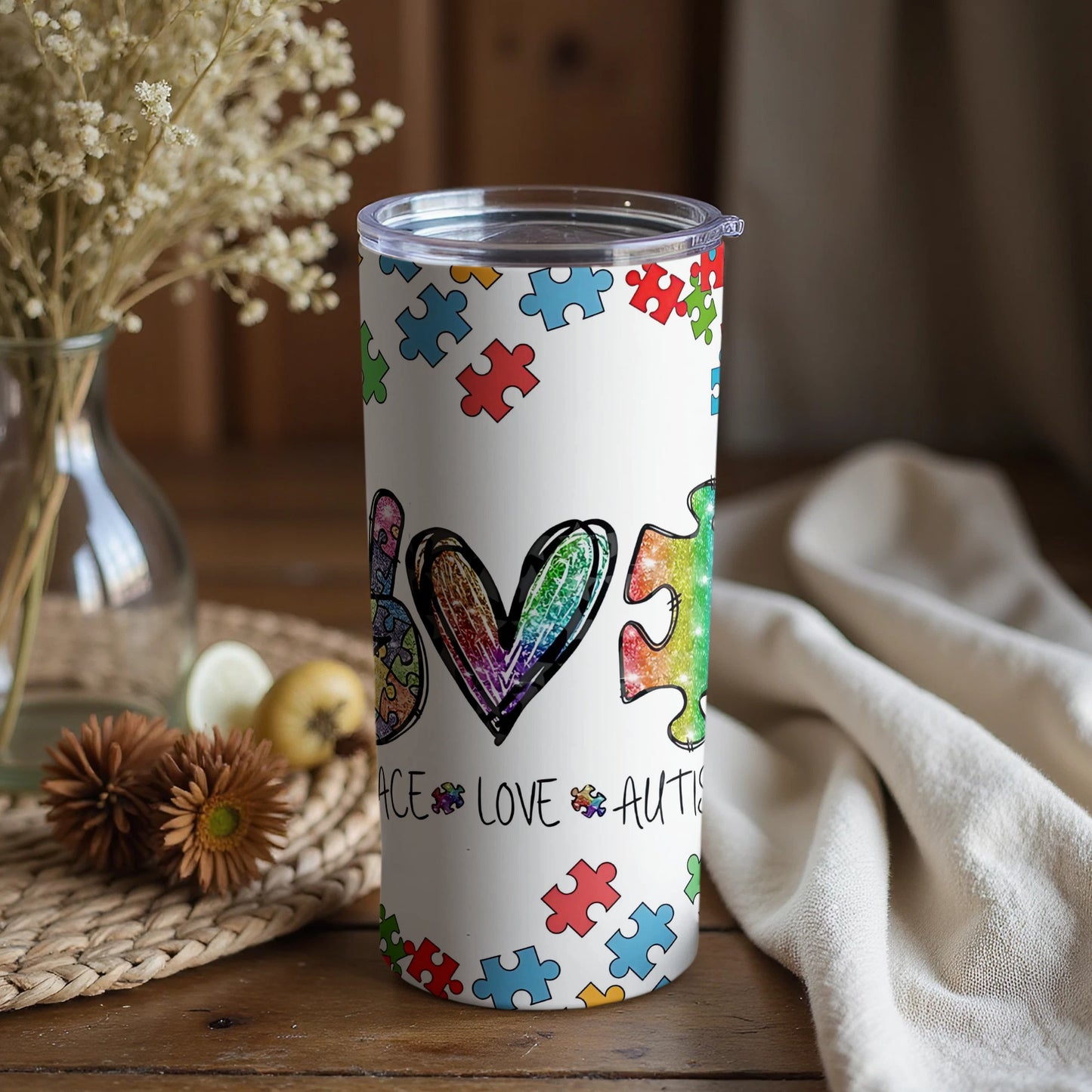 Peace Love Autism Puzzle Design Insulated Tumbler