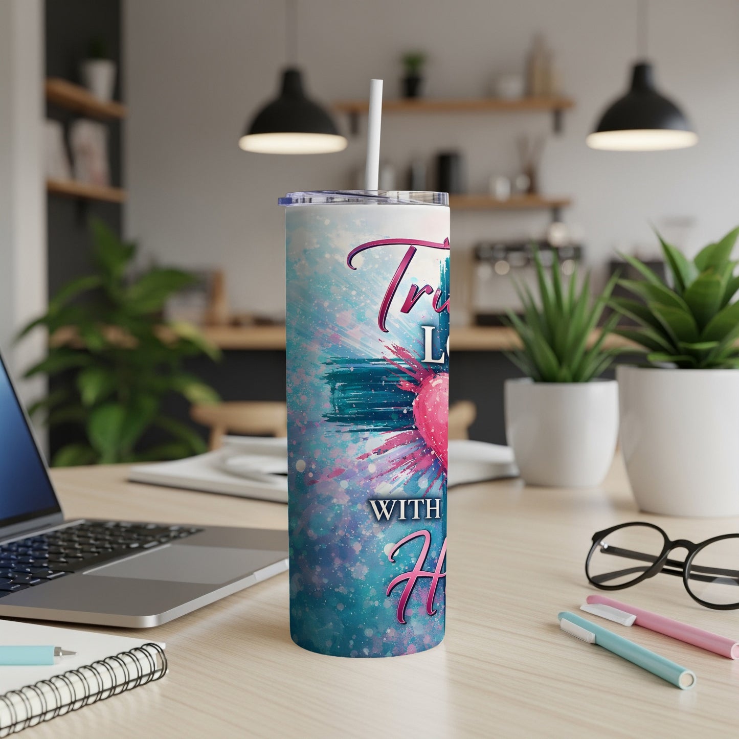 Tumbler with "True Love" and "With" and "Hope" text, heart graphic.