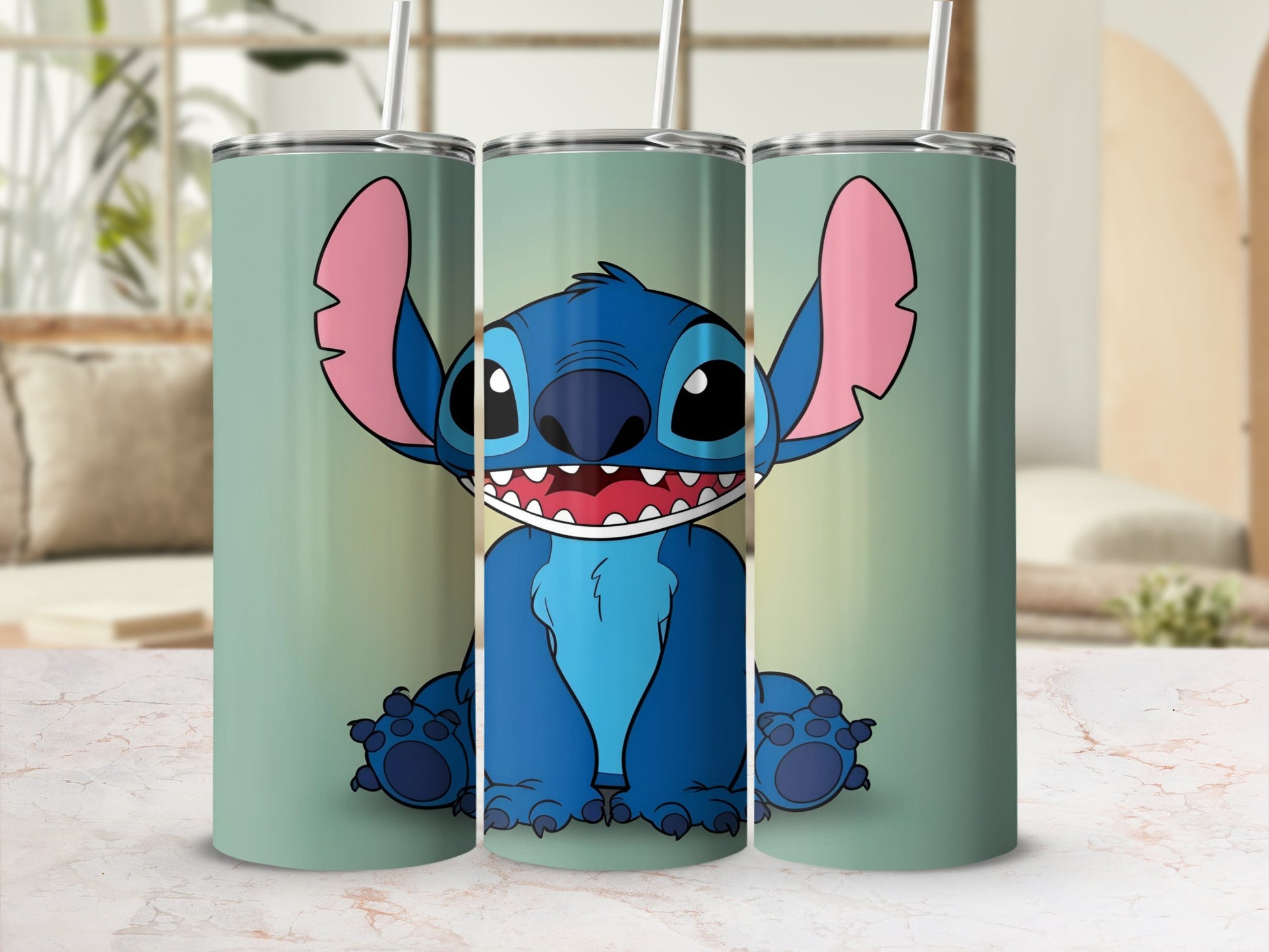 Blue alien character Stitch sitting with straw on a tumbler.
