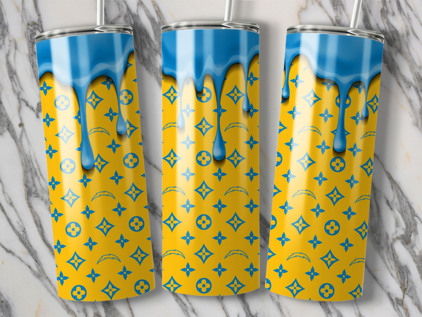 Blue Drip Chargers Logos Yellow Background Design Tumblers