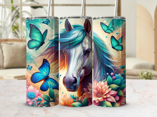 Teal tumbler with horse, butterflies, and floral designs.