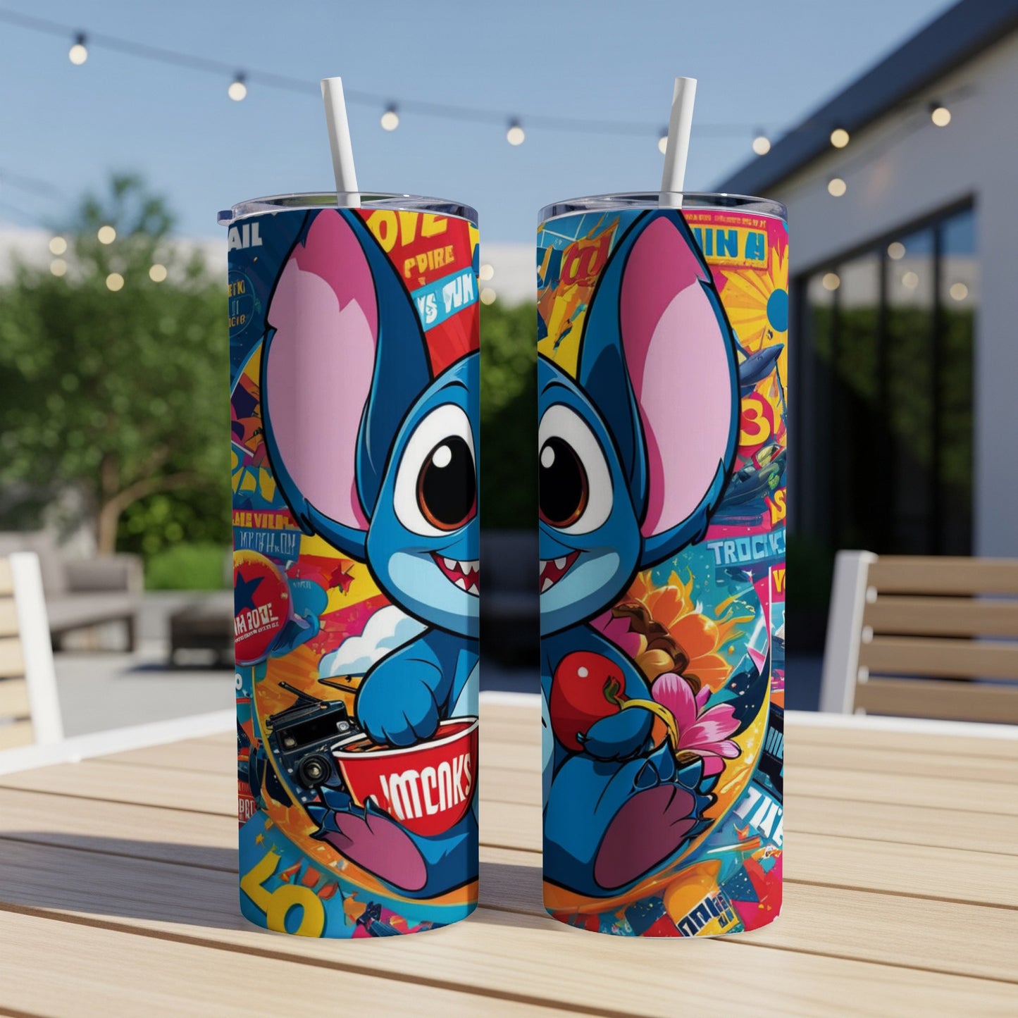 Two tumblers featuring Stitch from Lilo & Stitch with colorful, cartoon graphics.