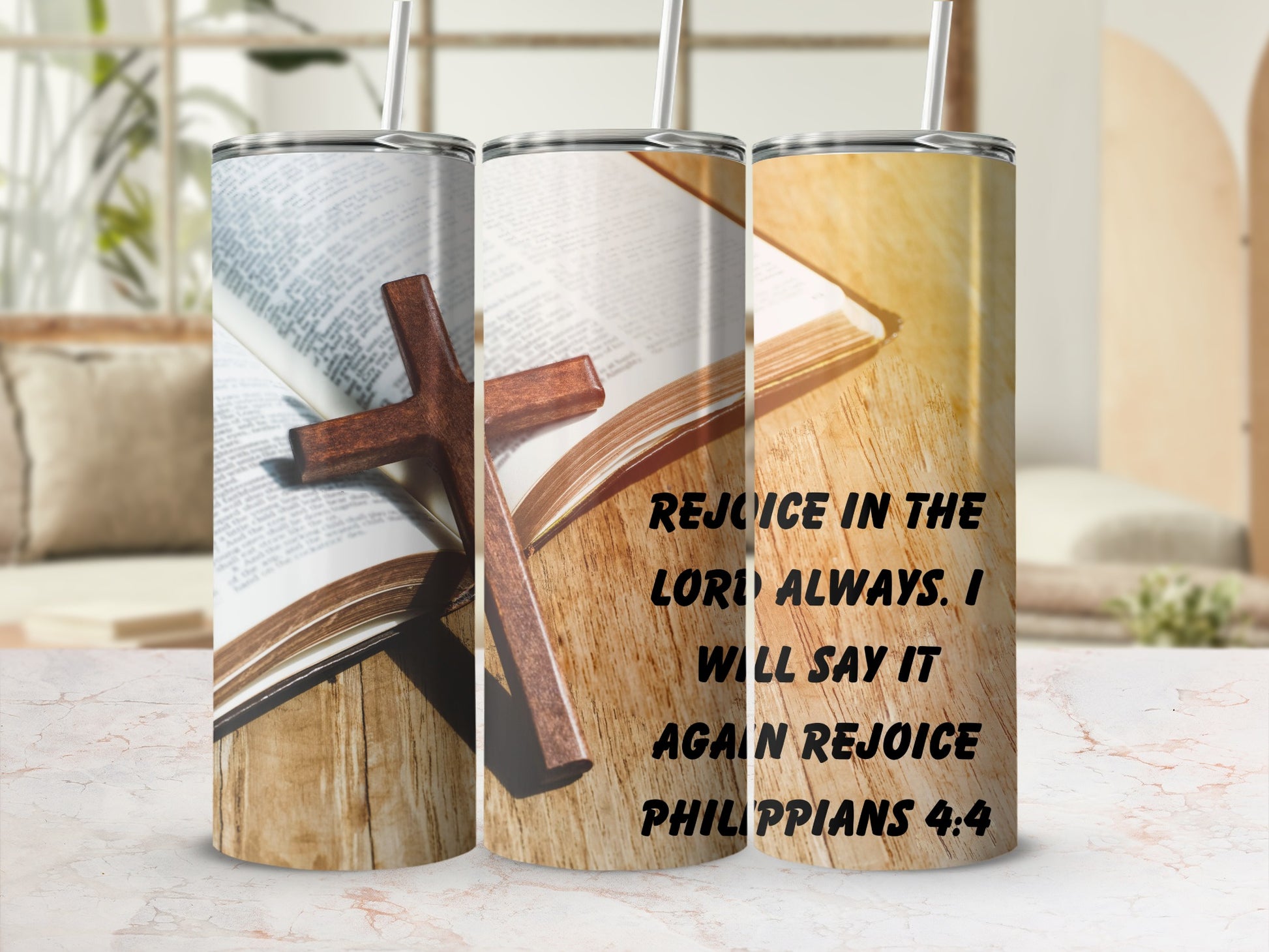 Inspirational tumblers with Bible verse Phillies 4:4