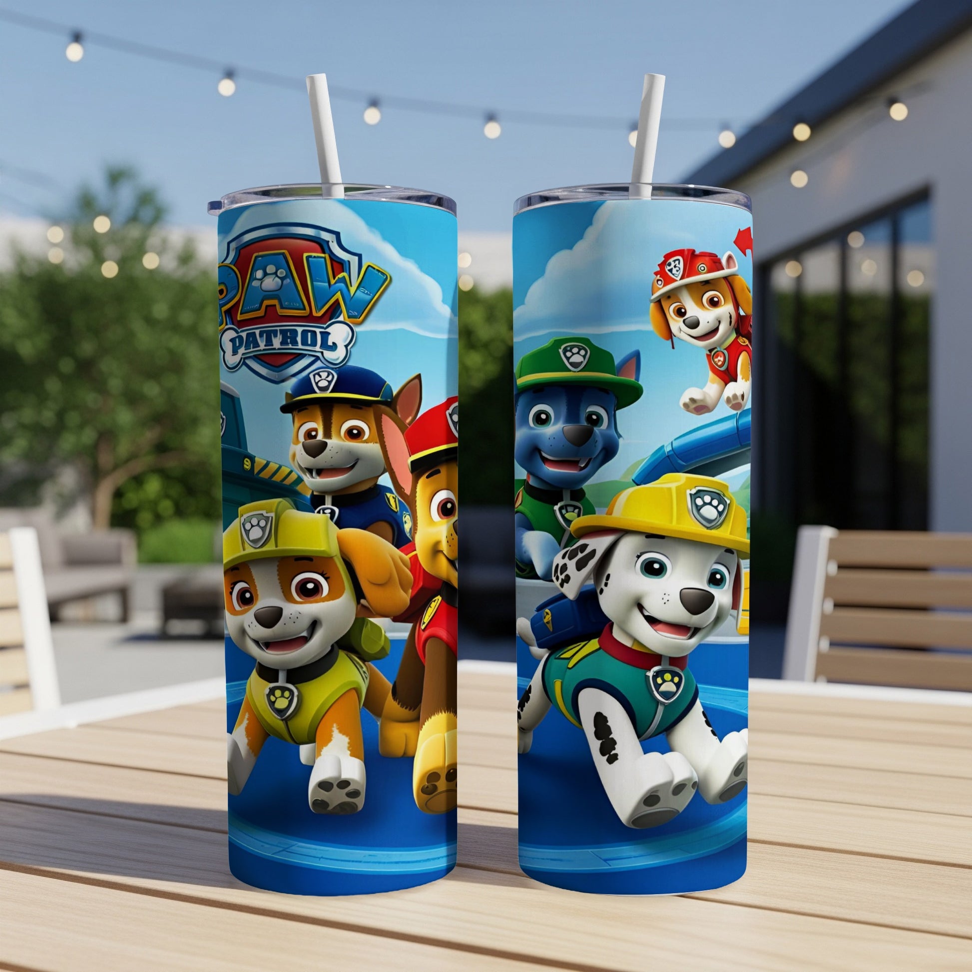 Paw Patrol characters Chase, Marshall, Rubble, and Skye on a blue and yellow tumbler.