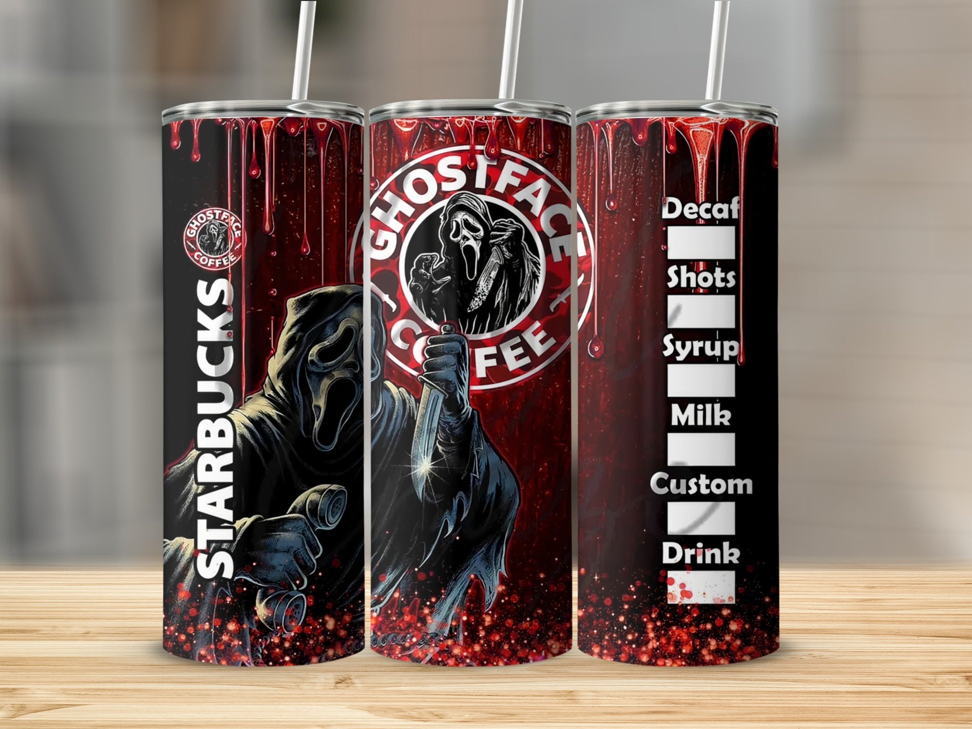 Starbucks Ghostface coffee tumbler with Decaf, Shots, Milk, Custom Drink options.