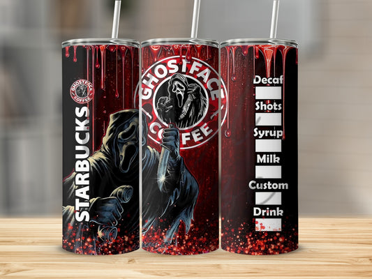 Starbucks Ghostface coffee tumbler with Decaf, Shots, Milk, Custom Drink options.