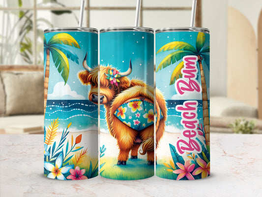 Highland cow in floral swimsuit on beach with "Beach Bum" text.