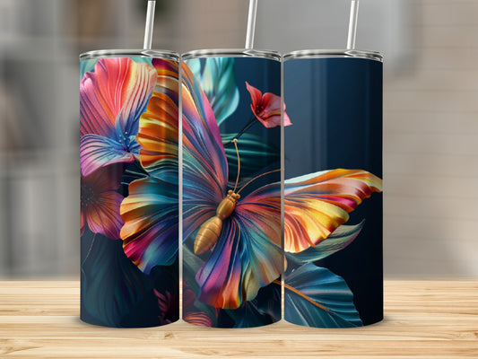 Three tumblers featuring a colorful butterfly and floral design.