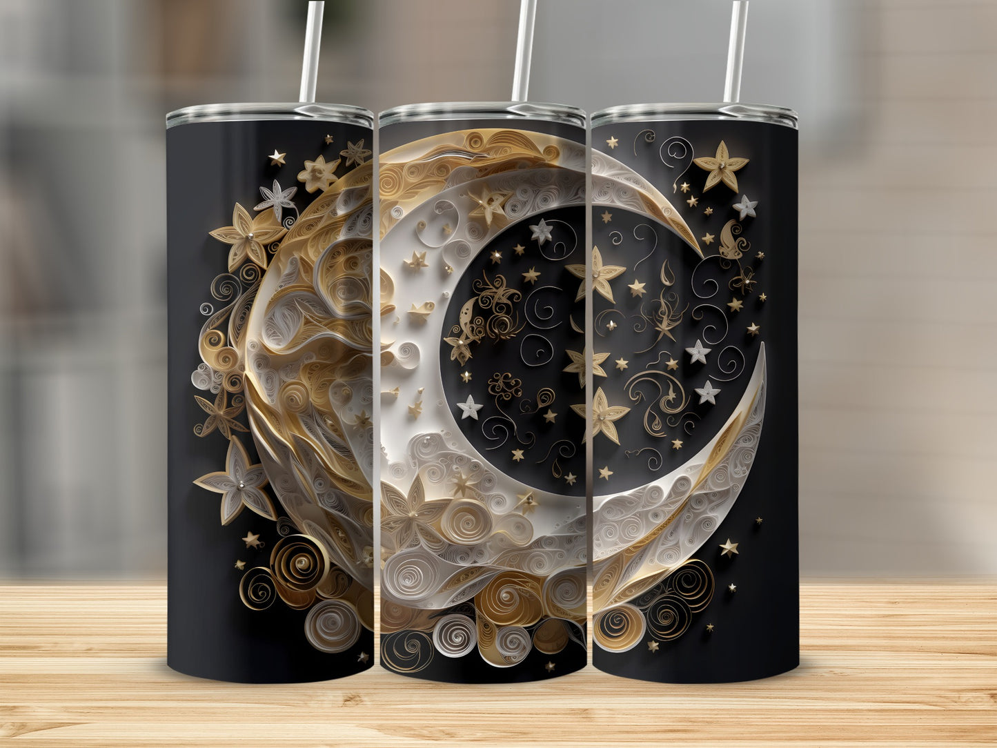 Black tumbler with a golden crescent moon and star design.