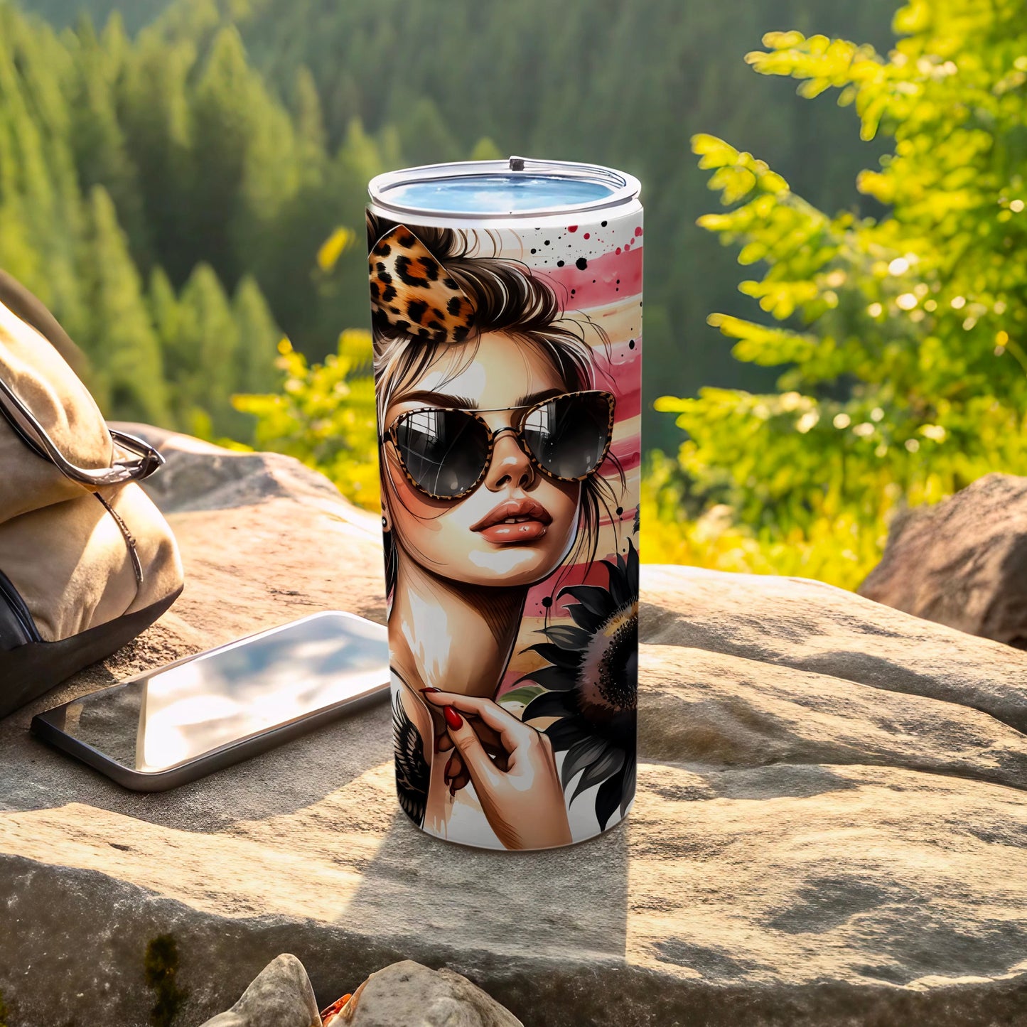 Tumbler with stylized portrait of a woman wearing sunglasses and a leopard print bow.