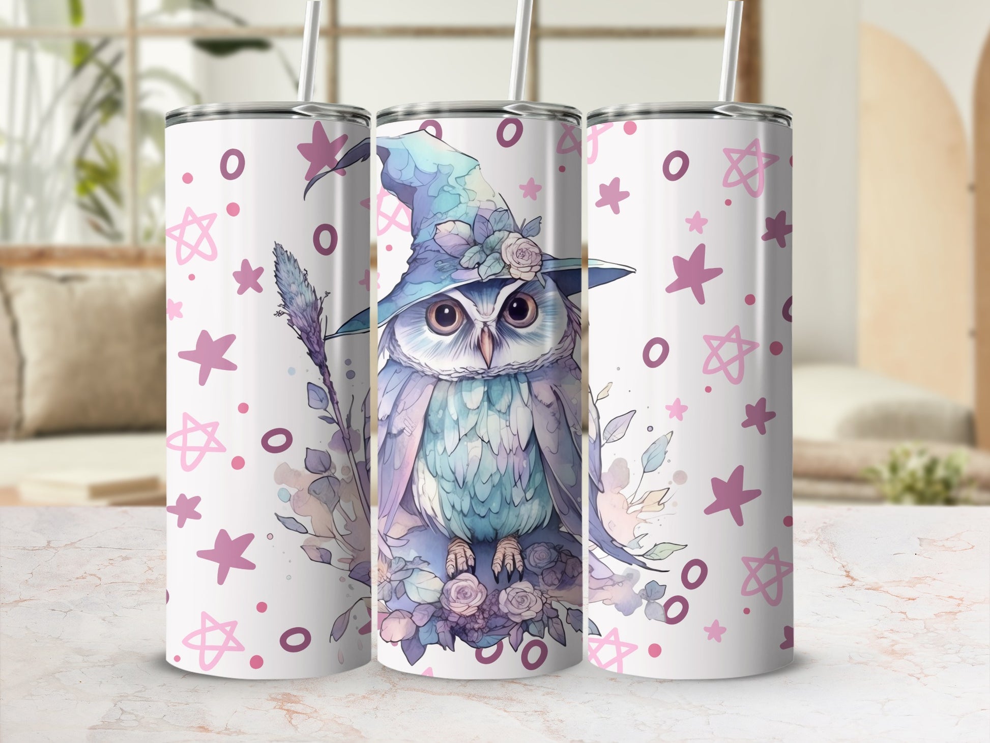 Cute Owl Witch with Stars Design Tumbler Product