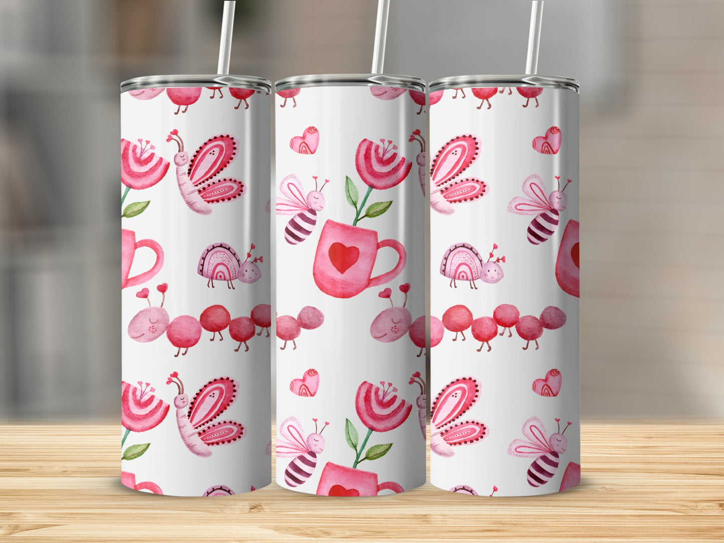 Cute Valentine Hearts and Butterflies Tumbler Design