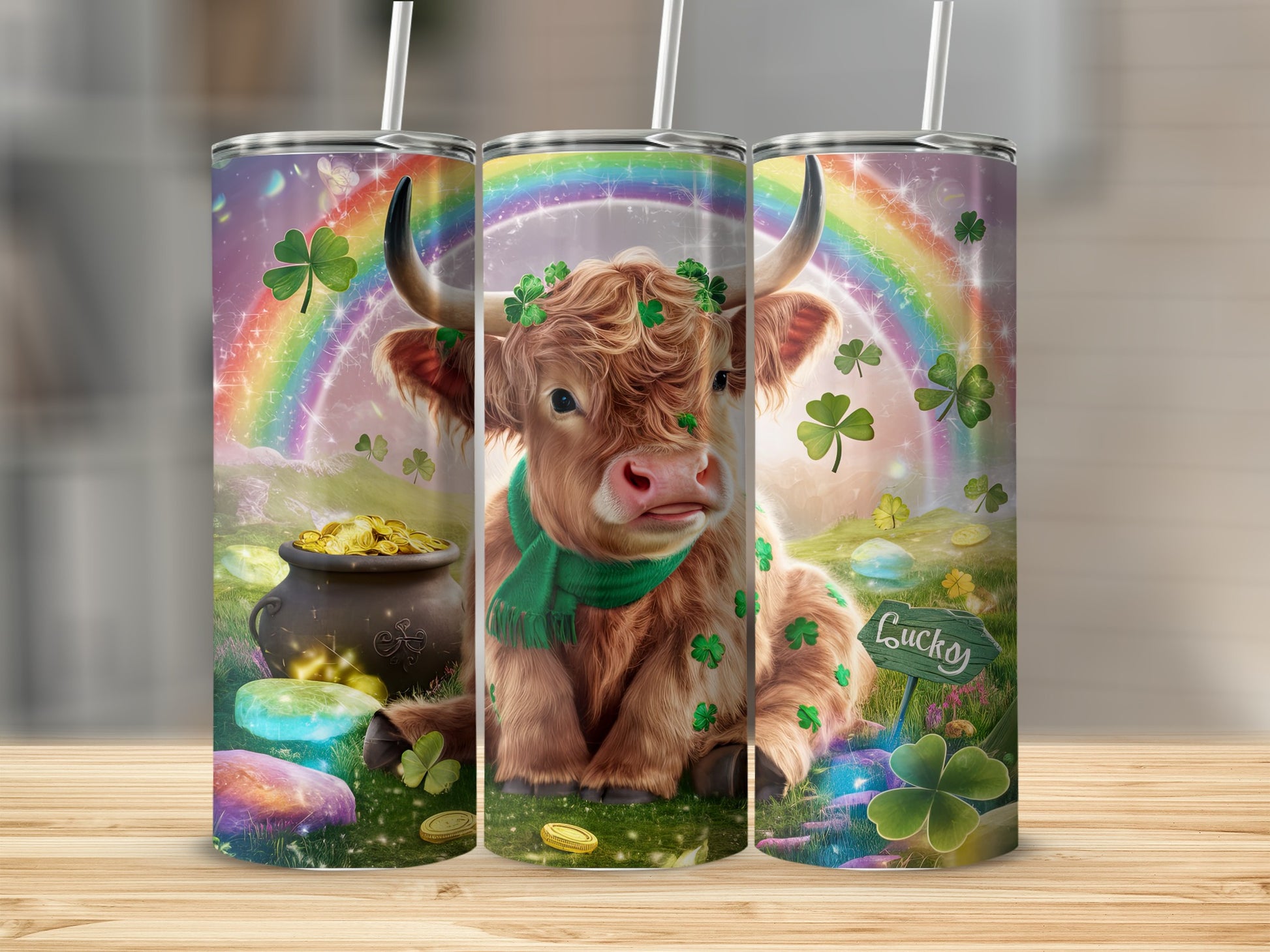 Highland cow wearing a clover wreath and green scarf, rainbow, pot of gold, lucky charm.