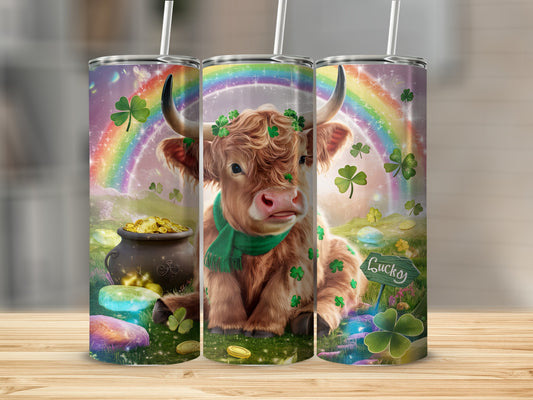 Highland cow wearing a clover wreath and green scarf, rainbow, pot of gold, lucky charm.