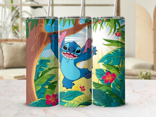 Trio of Stitch tumblers with tropical foliage and flowers.