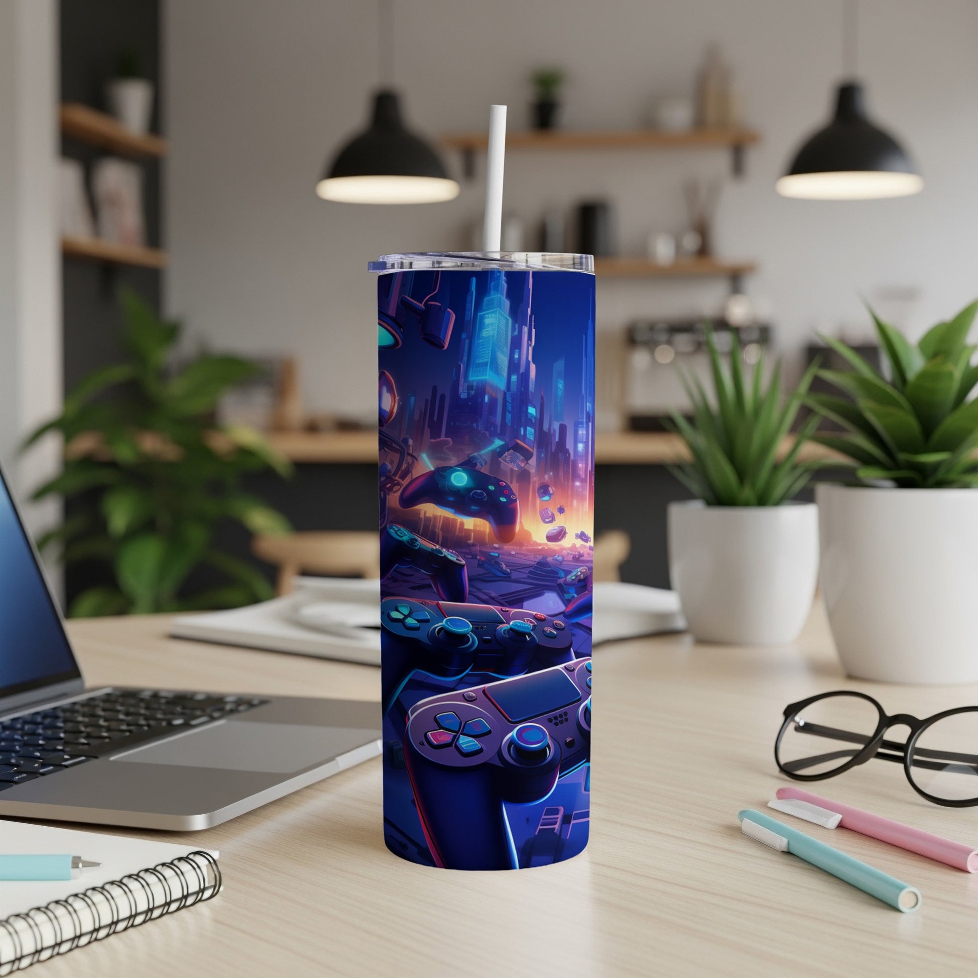 Blue tumbler with futuristic cityscape and game controllers design.
