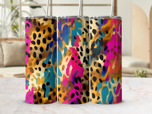 Three tumblers with a colorful leopard print pattern and straws.