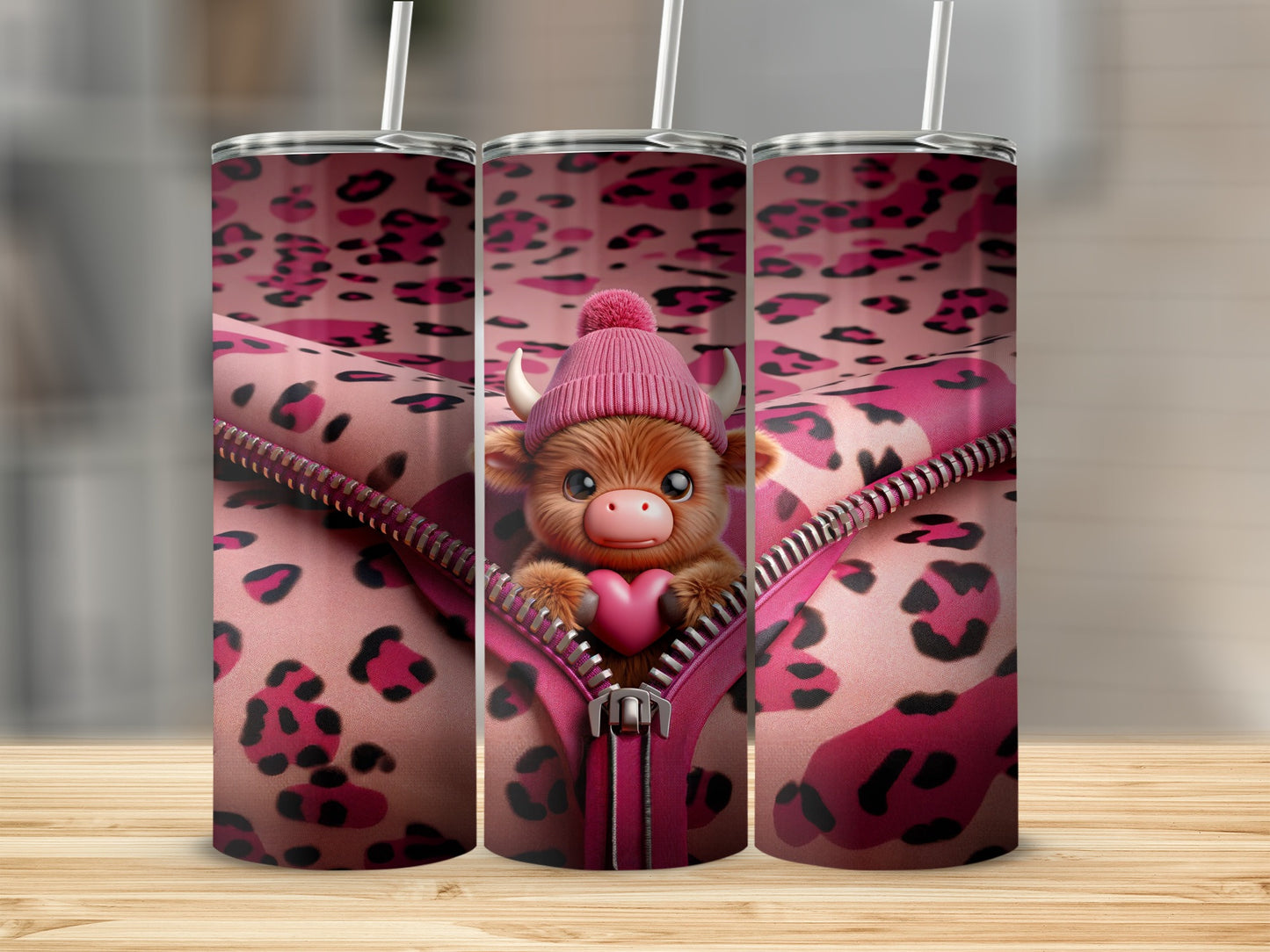 Pink leopard print tumbler with a cute cow wearing a pom-pom hat.